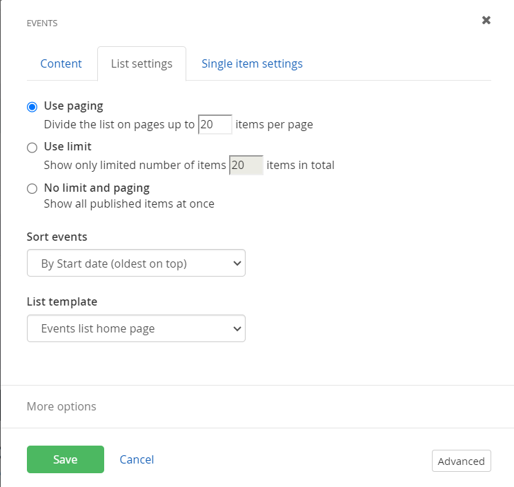 events listing settings homepage