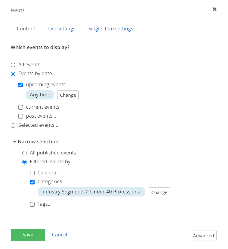 events listing settings 