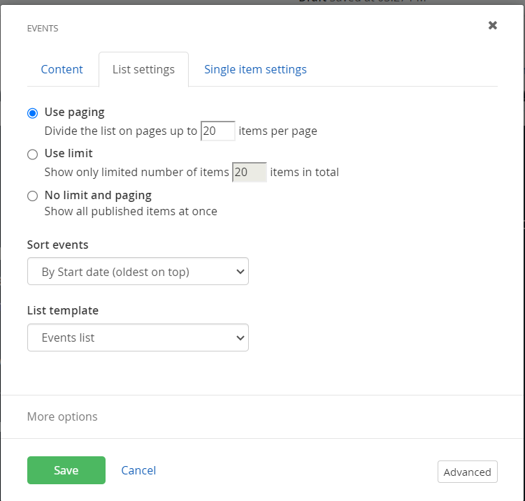 Events Listings settings 2 